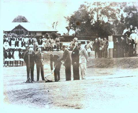 HRH The Duke of Gloucester cuts the first sod of the Foundation of the new Makerere College 3rd November 1938.