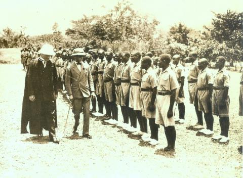 HRH Prince of Wales, later Edward VIII inspecting the College with Principal Mr. Douglas G. Tomblings during his visit to Makerere in 1928