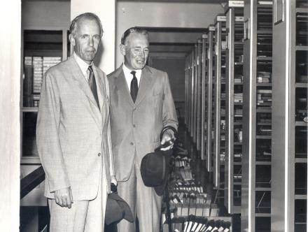 The Earl of Perth and Minister of State for Colonial Affairs (1957-62) Mr. J.D. Drummond visits the Makerere Library in April 1959 during his tour of Uganda and Kenya