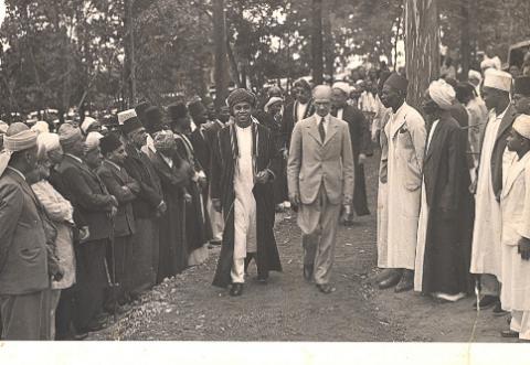 H.H. Crown Prince Abdulla of Zanzibar welcomed by Makerere College Principal Dr. William D. Lamont to officially open the University Mosque in May 1948