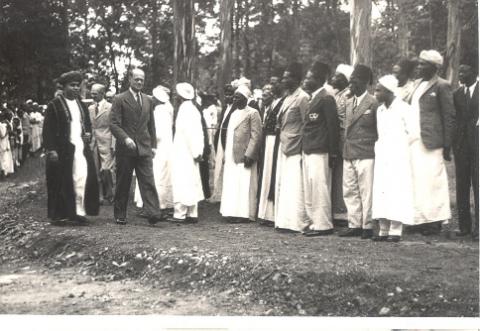 H.H. Crown Prince Abdulla of Zanzibar welcomed by Makerere College Principal Dr. William D. Lamont to officially open the University Mosque in May 1948