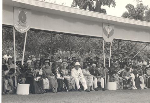His Highness Sultan Sayyid Sir Khalifa II bin Harub, Sultan of Zanzibar accompanied by Princess Sayyida Matuka bint Hamud Al-Busaid at the Investure, Government House during the Sultan's visit to Uganda on 28th April 1954. 