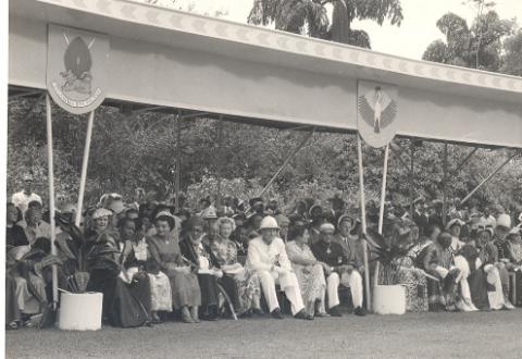 His Highness Sultan Sayyid Sir Khalifa II bin Harub, Sultan of Zanzibar accompanied by Princess Sayyida Matuka bint Hamud Al-Busaid at the Investure, Government House during the Sultan's visit to Uganda on 28th April 1954.