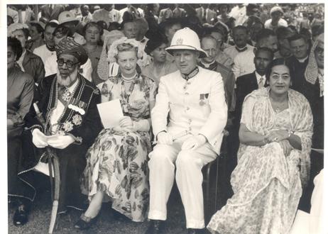 His Highness Sultan Sayyid Sir Khalifa II bin Harub, Sultan of Zanzibar (L) with members of the Colonial Government at the Investure, Government House during the Sultan's visit to Uganda on 28th April 1954. 