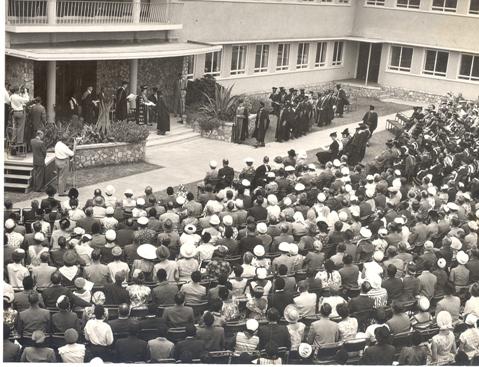 Students receive their awards from Her Majesty Queen Elizabeth, the Queen Mother then Chancellor University of London at Makerere Univeristy, Kampala Uganda, 20th February 1959