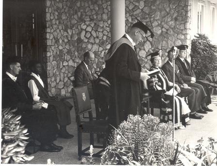 Principal Sir Bernard de Bunsen makes his remarks during Her Majesty Queen Elizabeth, the Queen Mother's visit to Makerere Univeristy, Kampala Uganda, 20th February 1959