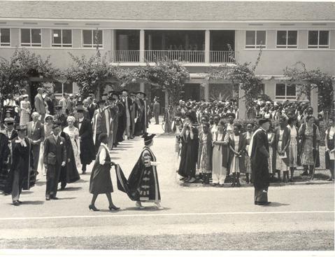Her Majesty Queen Elizabeth, the Queen Mother in the Academic Procession led by the Chancellor at Makerere University, Kampala Uganda on 20th February 1959