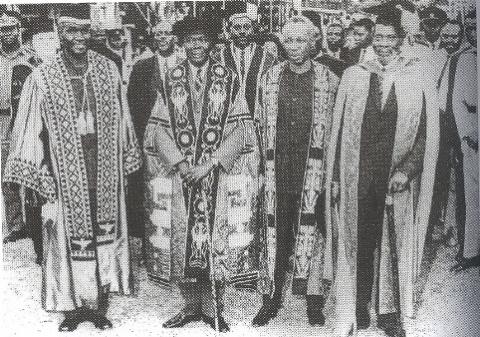 L-R Presidents Kenneth Kaunda, Chancellor Dr. Apollo Milton Obote, Mwalimu Julius Nyerere and Jomo Kenyatta at the 8th October 1970 Inauguration, Makerere University, Kampala Uganda