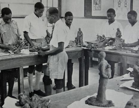 Gregory Maloba with his Sculpture class students at the Makerere Art School, later MTSIFA, Makerere University, Kampala Uganda. 