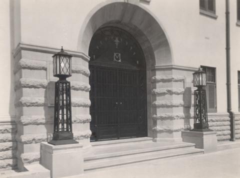 Main Building, Makerere University, Kampala Uganda. Completed in 1941. Front entrance with 20th Century lamp stands at either side