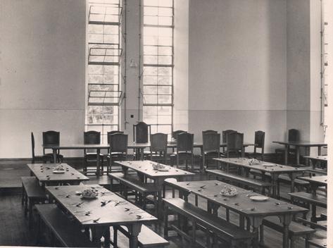 The Nkrumah Hall Dining Room, Makerere University, Kampala Uganda in 1954, with tables set for lunch