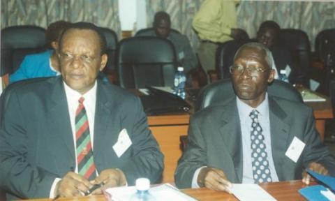 Prof. Georgy Kirya, former Vice Chancellor (L) with Prof. Livingstone Luboobi, Vice Chancellor at the 2nd Stakeholders Consultative Meeting 26th April 2006, Makerere University, Kampala Uganda 