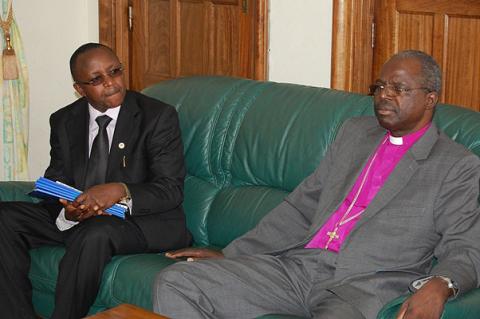 His Grace, The Archbishop of Uganda, The Most Rev. Henry Luke Orombi and Dr. M. Kansiime, AFRISA, during HIs Grace's inaugural visit to Makerere University on 24th August 2011, Makerere University, Kampala Uganda.