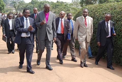 The Ag. Vice Chancellor Prof. V. Baryamureeba (L) sees off the Archbishop, His Grace H.L. Orombi after his visit to Makerere University on 24th August 2011, Kampala Uganda.