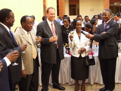 L-R Eng. Dr. Wana-Etyem, Eng. Dr. Badru Kiggundu, H.E. Gjermund Sæther and Dr. Allan Birabi (R) listen as Dr. Tibatemwa-Ekirikubinza proposes a toast at the official opening of Faculty of Technology Extension, Makerere University, Kampala Uganda on 14th August 2009