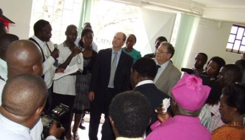 Dr. Joloba (holding Mic.), Head, Department of Microbiology briefs the Chief Guest shortly before the AERAS Lab unveiling at the CHS Launch, 28th August 2009, Makerere University, Kampala Uganda