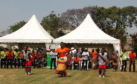 Students of the Department of Performing Arts and Film, PAF, CHUSS, entertain guests at the Launch of Constituent Colleges on 24th January 2012, Makerere University, Kampala Uganda.
