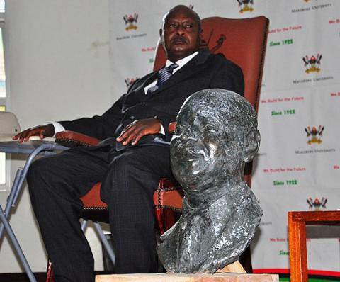 A bronze bust designed by Assoc. Prof. George Kyeyune, MTSIFA, CEDAT, was presented to President Y.K. Museveni in recognition of his support to Innovations and Incubation Programmes at Makerere University on 24th November 2011, Makerere University, Kampala Uganda.