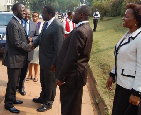 Hon. Prof. Peter Anyang' Nyong'o is received upon arrival by Chairperson Council Eng. D. Charles, Wana-Etyem, Ag. Vice Chancellor Prof. V. Baryamureeba and Director Gender Mainstreaming, Ms. Cathering Kanabahita to Re-launch the Makerere Africa Lecture Series, 2nd December 2011, Makerere University, Kampala Uganda.