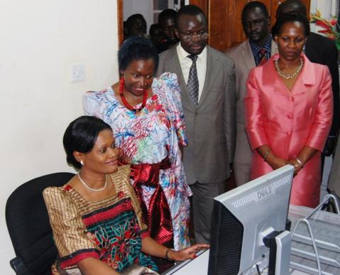 R-L Director Gender Mainstreaming-Ms. C. Kanabahita, Guild President-H.E Oneka-Lit Denis Amere, Ag. Vice Chancellor Prof. V. Baryamureeba, Finance Minister-Hon. Maria Kiwanuka and The Nnabagereka test one of the newly donated computers during H.R.H's visit on 21st October 2011, Makerere University, Kampala Uganda.