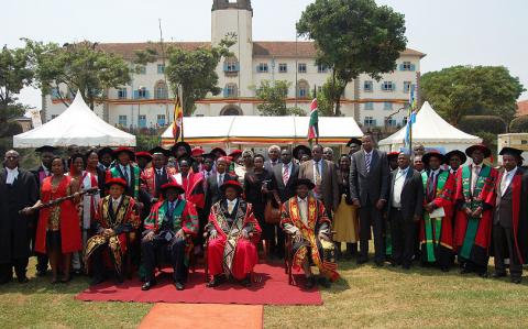 Sitted L-R The Chancellor Prof. G.M. Kagonyera, President Mwai Kibaki, President Yoweri Kaguta Museveni, and Ag. Vice Chancellor Prof. V. Baryamureeba and other dignitaries pose for a group photo after the Ceremony on 24th January 2012, Makerere University, Kampala Uganda.