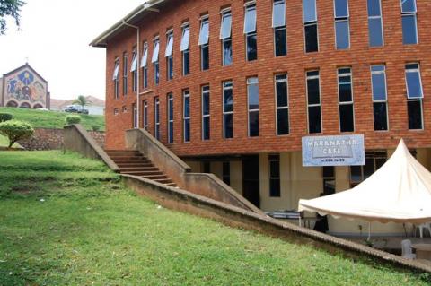 The Canteen of the St. Francis Community Centre, with St. Francis Chapel in the background, Dedicated on 9th January 2005 by the Most Rev. Henry Luke Orombi, Makerere University, Kampala Uganda. Canteen housed Maranatha Cafe as of August 2012