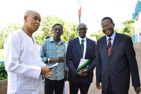 L-R: The Chancellor Prof. G. Mondo Kagonyera, Mr. Aaron Mukwaya-CHUSS, Prof. Oswald Ndoleriire-Ag. Principal CHUSS and Prof. Ephraim Kamuntu the Chief Guest chat before the 2nd Joshua Mugyenyi Memorial Lecture, 15th March 2013, Makerere University, Kampala Uganda.