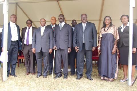 L-R: Prof. D.J. Bakibinga (2nd L), Rt. Hon. Amama Mbabazi, Prof. G.M. Kagonyera, Mr. Grace Wilson Mutekanga Igaga (with cane), H.E. Dr. Mwai Kibaki, Mrs. Frances Mutekanga and Hon. Jessica Alupo at the Mak@90 Grand Finale, 3rd August 2013, Makerere University, Kampala Uganda.