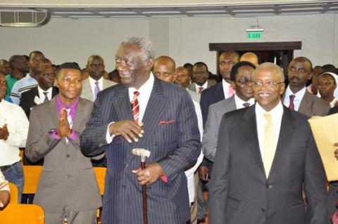 H.E. John Kufuor (L) accompanied by Rt. Hon. Amama Mbabazi makes his way into the Main Hall to deliver a Public Lecture on Oil, Mak@90, 2nd August 2013 Makerere University, Kampala Uganda.