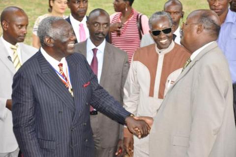 Emmanuel Rwamafa Tumusiime (R) Party President of Forum for Integrity in Leadership (FIL), H.E. John Kufuor (2nd L) and Gen. Elly Tumwine (2nd R) chat after the Public Lecture on the eve of the Mak@90 Grand Finale, 2nd August 2013, Makerere University, Kampala Uganda.