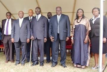 L-R Prof. D.J. Bakibinga, Rt. Hon. Amama Mbabazi, Prof. Mondo Kagonyera (rear), Mr. Grace Wilson Mutekanga Igaga, Mr. Daudi Mutekanga (rear), H.E. Dr. Mwai Kibaki, Mrs. Frances Mutekanga and Hon. Jessica Alupo at the Mak@90 Grand Finale Celebrations, 3rd August 2013, Freedom Square, Makerere University, Kampala Uganda.