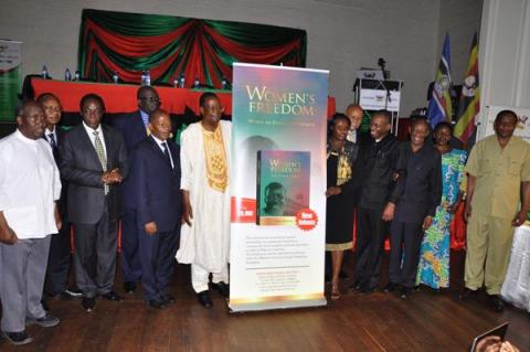 L-R: Prof. Ngugi wa Thiongo, Prof. Mukanadla Rwekaza-UDSM, Vice Chancellor Prof. J. Ddumba-Ssentamu, Prof. George Magoha-UONBI, Hon. Dr. J.C. Muyingo, Chief Guest Prof. Ephraim Kamuntu, Hon. Jessica Alupo, Chancellor Prof. G. Mondo Kagonyera, and the Nyerere Family launch the Nyerere Book during the UEA celebrations, 29th June 2013, Makerere University, Kampala Uganda.