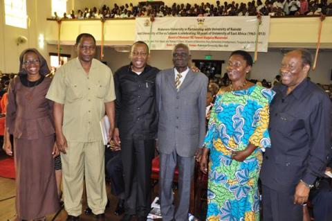 Members of the late Mwalimu Julius Nyerere family pose with Rwot Ananiya Akera (3rd R), during the UEA celebrations, 29th June 2013, Makerere University, Kampala Uganda.