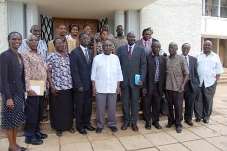 Prof. Ngugi wa Thiong'o (C) flanked by Principal, CHUSS, Prof. Edward Kirumira (4th L) and Dean-Sch of Languages, Literature and Communication, Dr. E. Okello Ogwang and other staff during his visit to the Department of Literature during the UEA 50th Anniversary celebrations 29th June 2013, Makerere University, Kampala Uganda.
